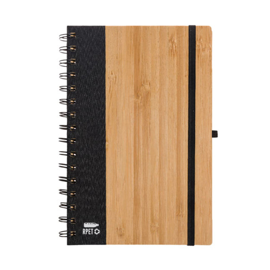 A bamboo notebook with a black textured cover and a black elastic band. Features a spiral binding and a logo.