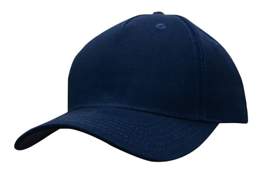 A navy blue cotton twill cap with a curved brim and a logo on the front.