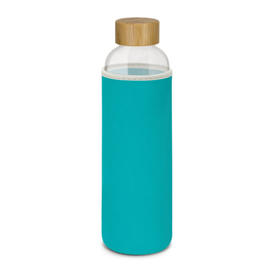 A drink bottle with a clear body, wooden lid, and turquoise neoprene sleeve. It features a logo.