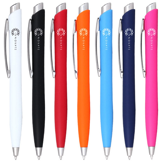 A collection of ballpoint pens in black, white, orange, blue, pink, and navy, featuring a logo on the barrel.