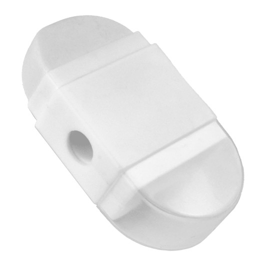 A white pencil sharpener with an integrated eraser and a small hole for sharpening pencils.