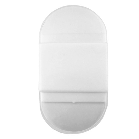 A white pencil sharpener with an eraser feature, compact and oval-shaped, includes a simple design.