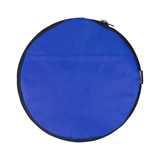 A round blue duffle bag with a black zip and a logo on the side.