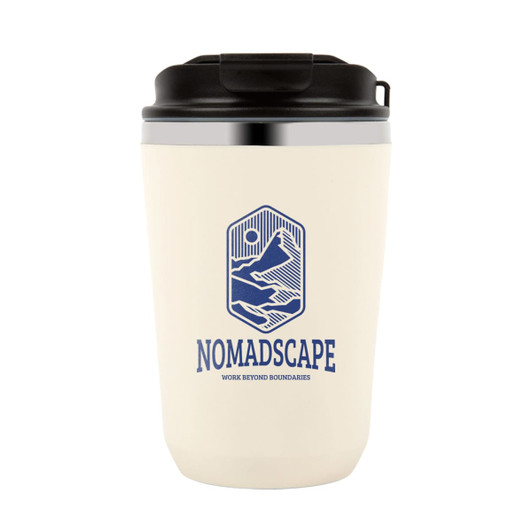 A cream double wall coffee cup with a black lid and a logo featuring mountains and a hand design.