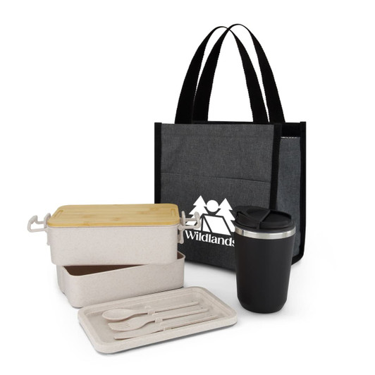 A grey cooler bag with a logo, two food containers, a tray, cutlery set, and a black drink cup.