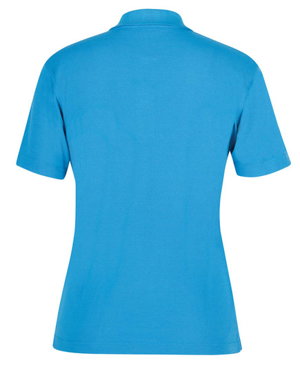 A blue women's polo shirt featuring a collar and short sleeves, with a branding logo on the back.