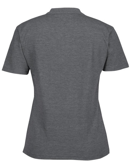 A grey ladies polo shirt featuring a classic design and a collar, with a branding logo on the back.