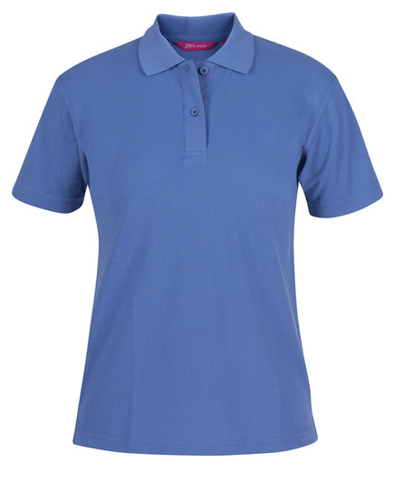 A blue polo shirt featuring a classic design with a collar and a three-button placket. It has a branding logo.
