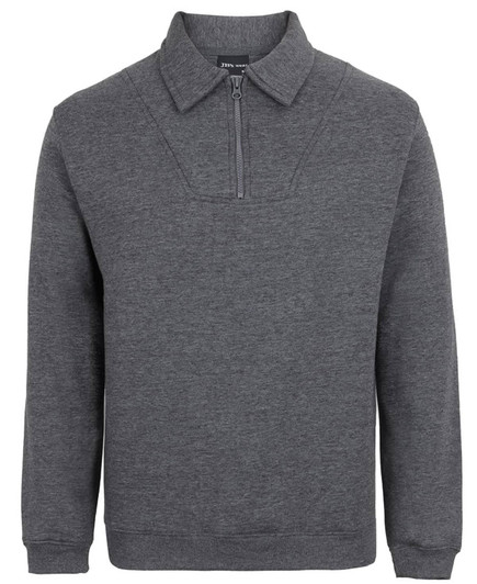 A dark grey 1/2 zip fleecy jumper featuring a collar and long sleeves, with a subtle logo.