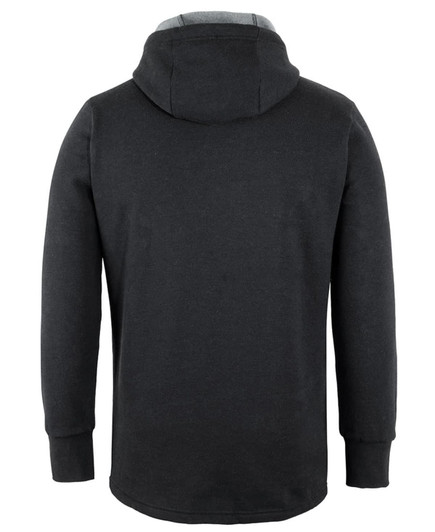 A black hoodie with a grey-lined hood, featuring a logo on the back. Designed as a casual jumper.