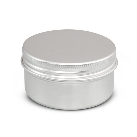 A silver citronella candle in a round metal tin with a smooth lid. The design is simple and sleek.
