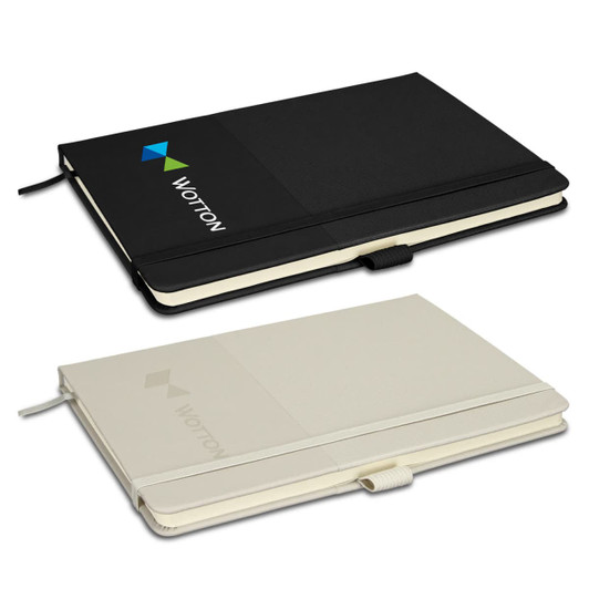 A black and a cream recycled notebook with a logo, featuring a ribbon bookmark and an elastic closure.