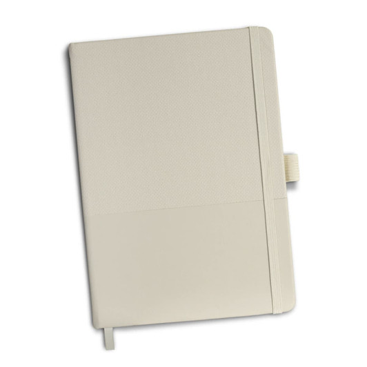 A cream-coloured notebook with a textured cover and elastic closure. It has a logo on the front.