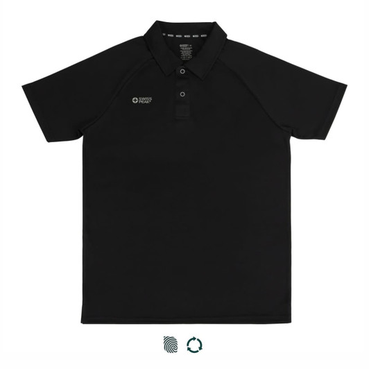 A black unisex polo shirt featuring a logo on the chest, with a classic collar and short sleeves.