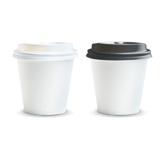 A coffee cup set featuring two 180ml cups, one with a white lid and one with a black lid, both in white.