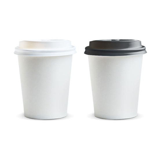 Two paper coffee cups, one with a white lid and one with a black lid, both in a plain white design.