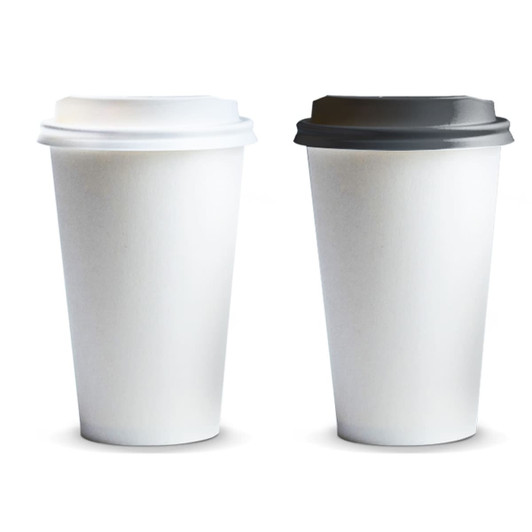 Two disposable paper coffee cups in white and black with spill-proof lids, designed for hot beverages.