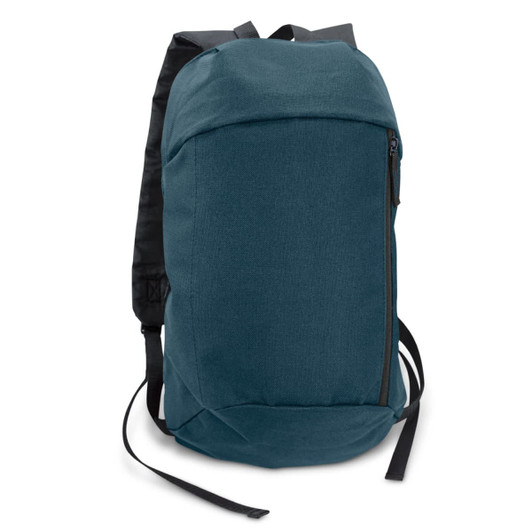 A compact backpack in a teal colour with black straps and a zippered front pocket. It features a logo.