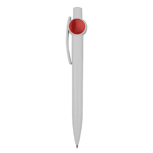 A white plastic pen with a red accent and a clip. It features a logo on the barrel.