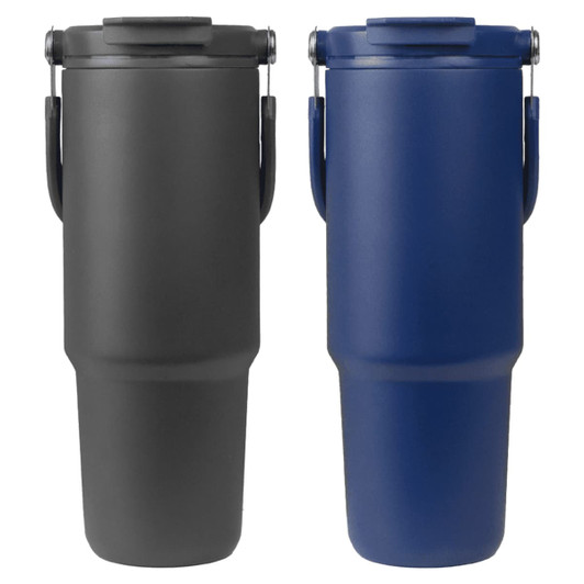 A drink bottle set featuring a grey and a navy blue bottle, each with a handle and a lid. Both have branding.
