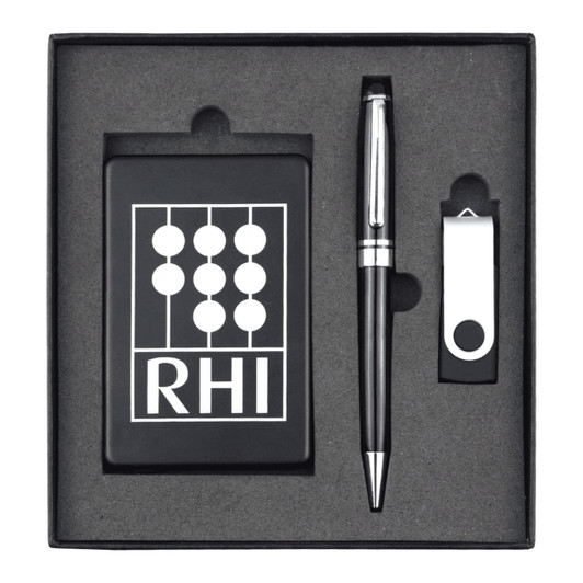 A black gift set containing a pen, a USB drive, and a card holder, all neatly arranged in a black box with a logo.