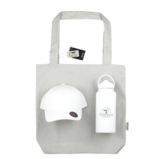 A grey tote bag, a white cap, and a white drink bottle with a logo.