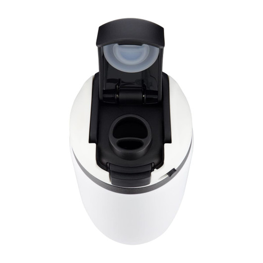 A drink bottle in white with a black lid, featuring a flip-top spout and a built-in straw opening.