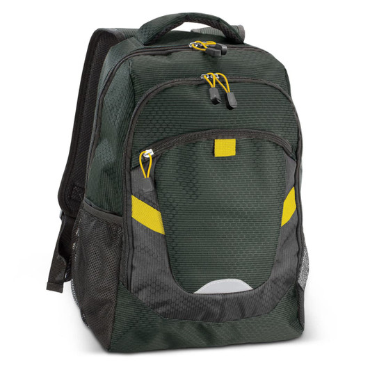 A dark green backpack with yellow accents and zippered compartments, featuring mesh side pockets.