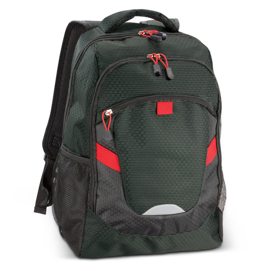 A green backpack with red accents, featuring multiple compartments and a mesh side pocket. It has a logo on the front.