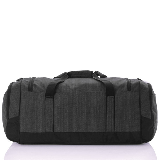 A grey duffle bag with black accents, featuring sturdy handles and multiple straps for easy carrying.
