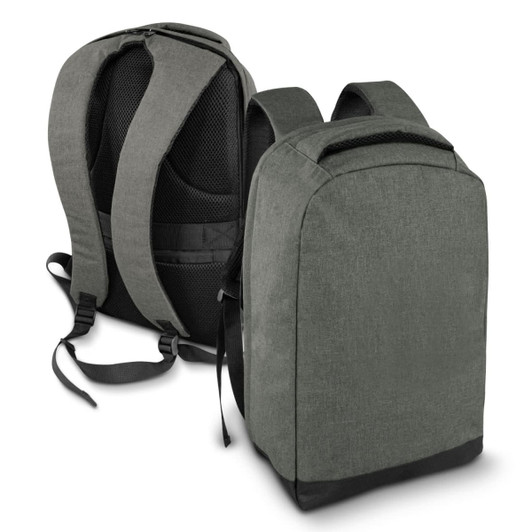A green anti-theft backpack with padded shoulder straps and a sleek design, featuring a logo on the front.