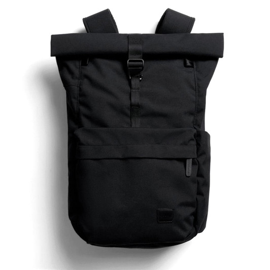 A black rolltop backpack featuring adjustable straps and multiple pockets, including a front zippered pocket.