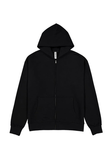 A black zip hoodie with a hood and front pockets, featuring a logo on the label.
