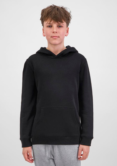 A black hoodie with a front pocket and a hood, displayed on a young model against a plain background.