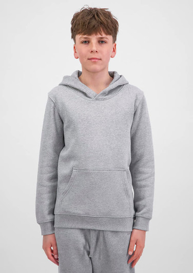 A grey youth hoodie with a front pocket and a hood, worn by a young model. The garment has a simple, casual design.