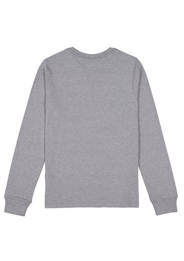 A grey long sleeve t-shirt with a round neck and logo detailing on the back.