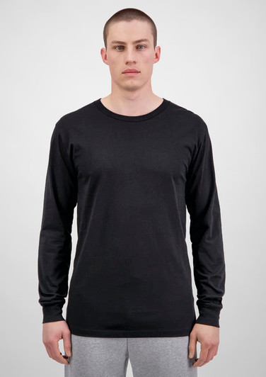 A long sleeve tee in black, modelled by a man, with a branded logo visible.
