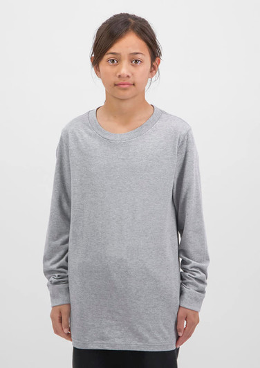 A long sleeve tee in grey, featuring a relaxed fit and simple design, with a logo on the sleeve.