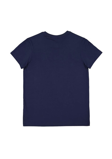 A navy blue short sleeve women's t-shirt featuring a simple design and a logo on the back.