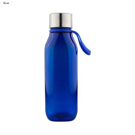 A drink bottle in a vibrant blue colour with a silver cap and a handle. It features a logo on the side.
