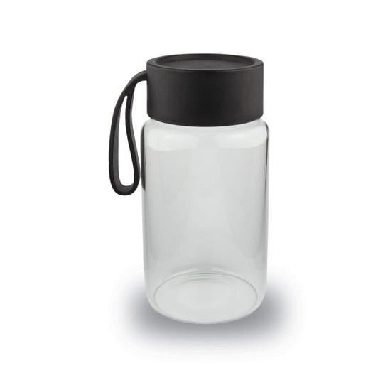 A drink bottle with a clear glass body and a black lid, featuring a flexible handle.