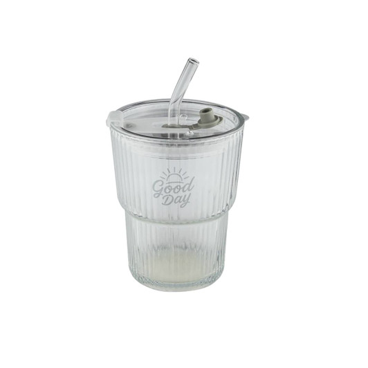 A glass ice coffee cup with a clear body, ribbed design, and a straw, featuring a lid and a logo.