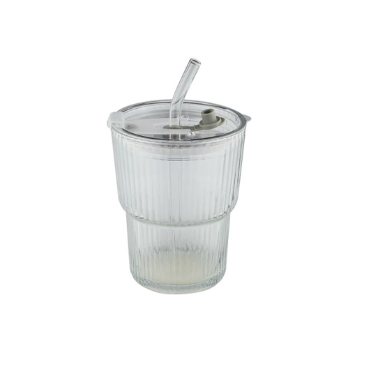 A glass ice coffee cup in clear with a ribbed design and a straw, featuring a lid and a built-in spout.