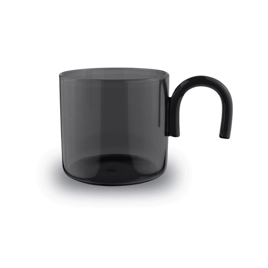 A glass tea and coffee cup in a smoky black colour with a curved handle. There is a logo present.