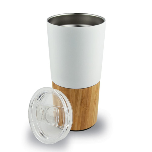 A drink bottle with a white upper section and a bamboo lower section, accompanied by a clear lid.