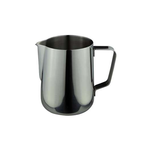 A stainless steel milk jug with a sleek, polished finish and a sturdy handle. It features a spout for pouring.