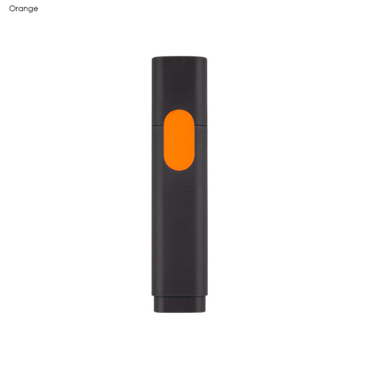 A black highlighter with an orange accent. The product features a branded logo on its surface.