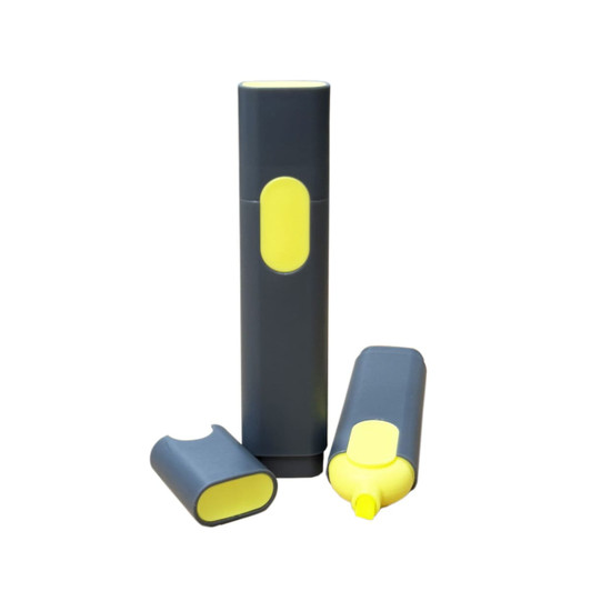 A grey and yellow highlighter with a removable cap, featuring a sleek, cylindrical design. The product has a logo.