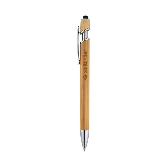 A bamboo stylus with a shiny silver clip and tip, featuring a branding logo.