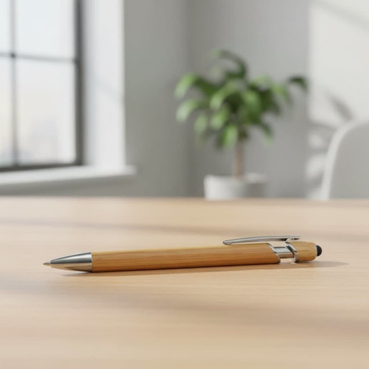 A bamboo stylus pen with silver accents lies on a wooden table, set against a bright, airy room.